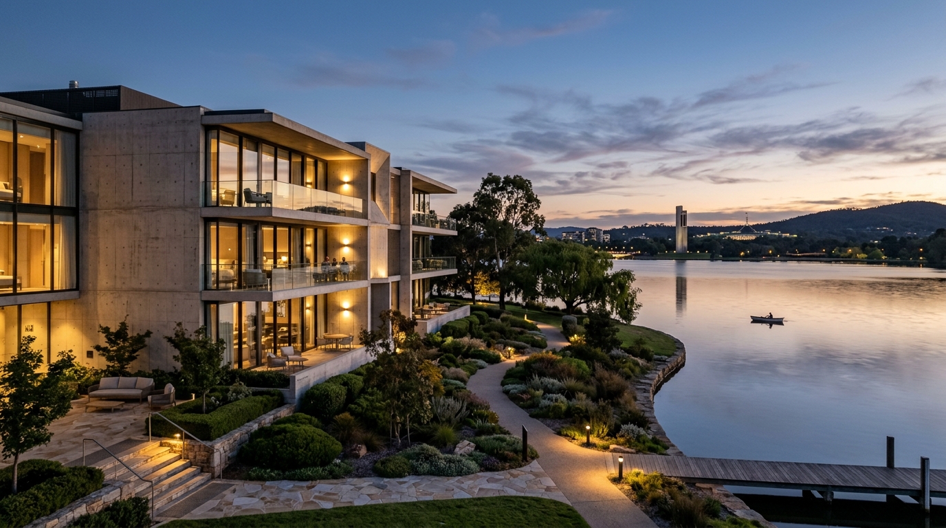 Australian map and modernist hotel in warm landscape