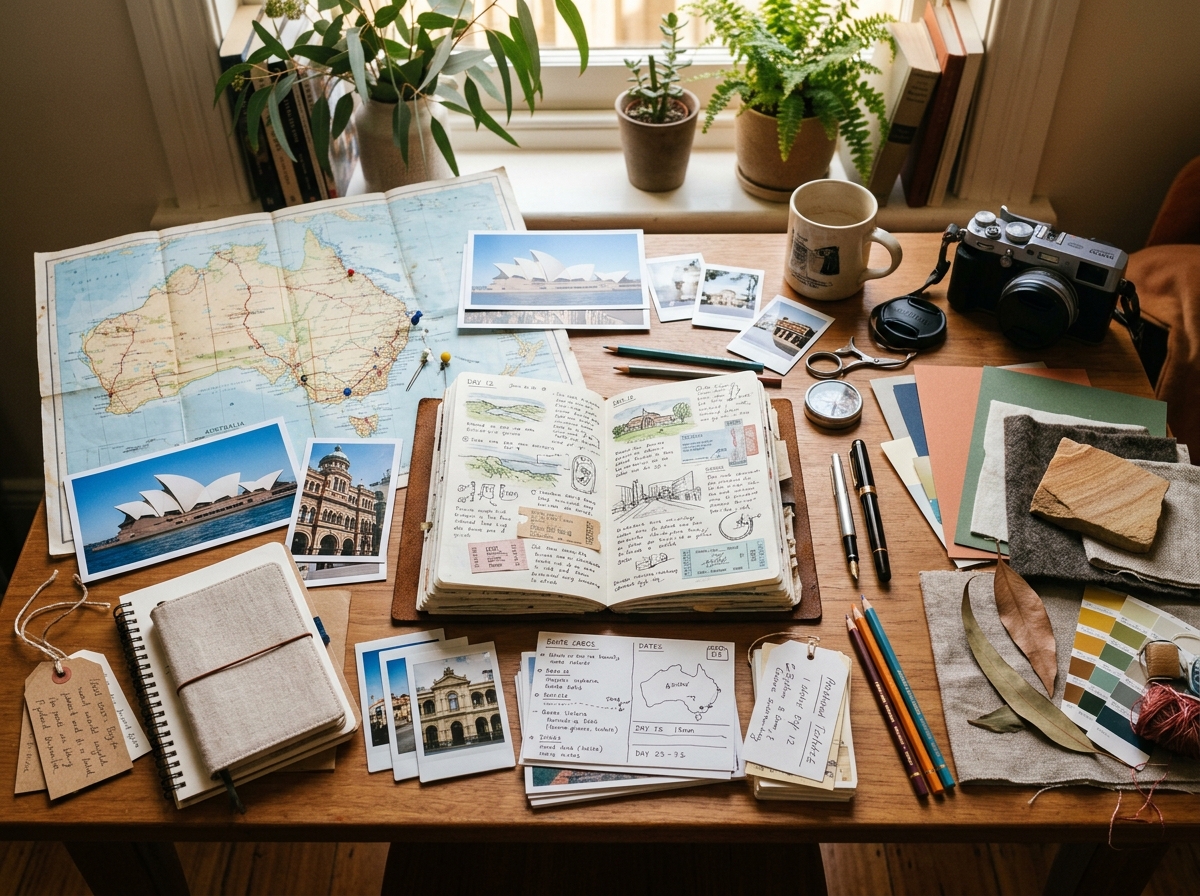 Travel journal workspace with maps and hotel materials