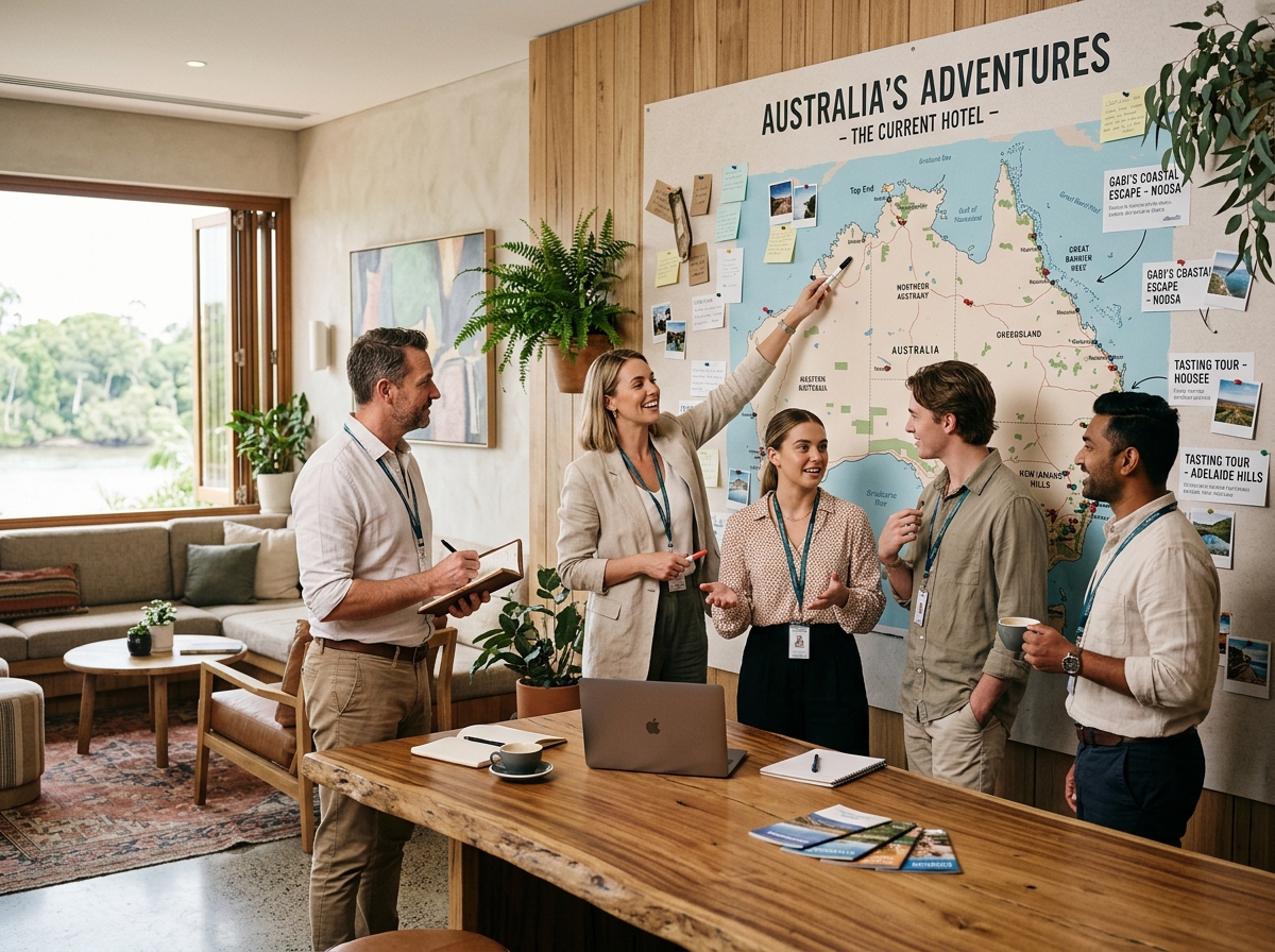 Hospitality team planning experiences around a travel map