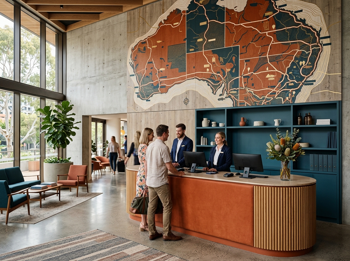 Modernist Australian hotel reception with route map