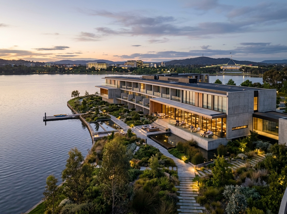 Modernist hotel retreat beside a Canberra lake