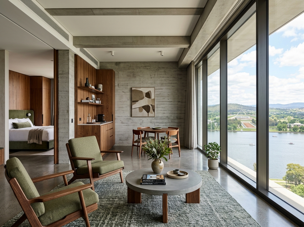 Design-led Canberra hotel suite with lake view