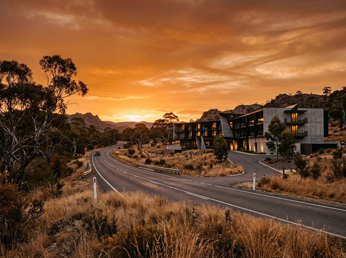 Australian highway approaching a modernist hotel at sunset