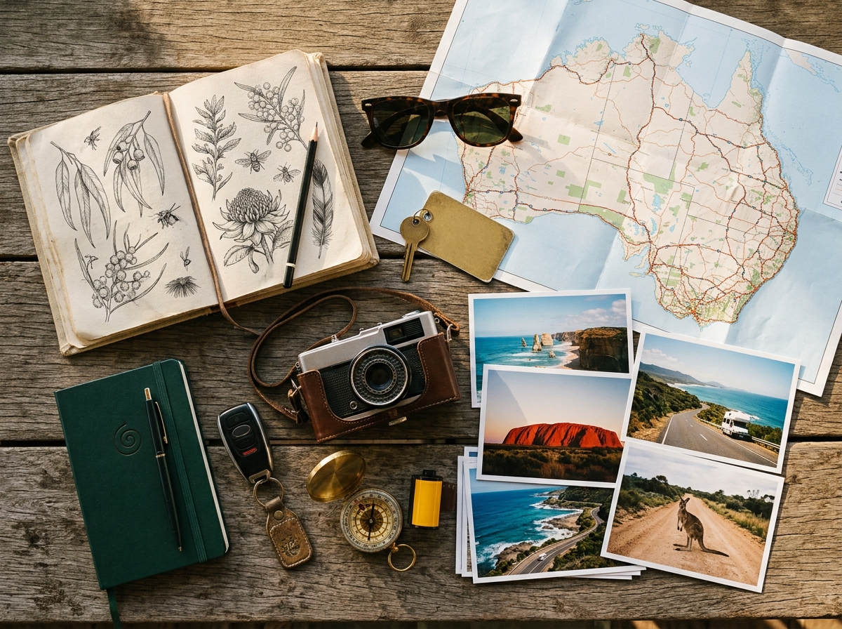 Australian road-trip journal with map and travel objects