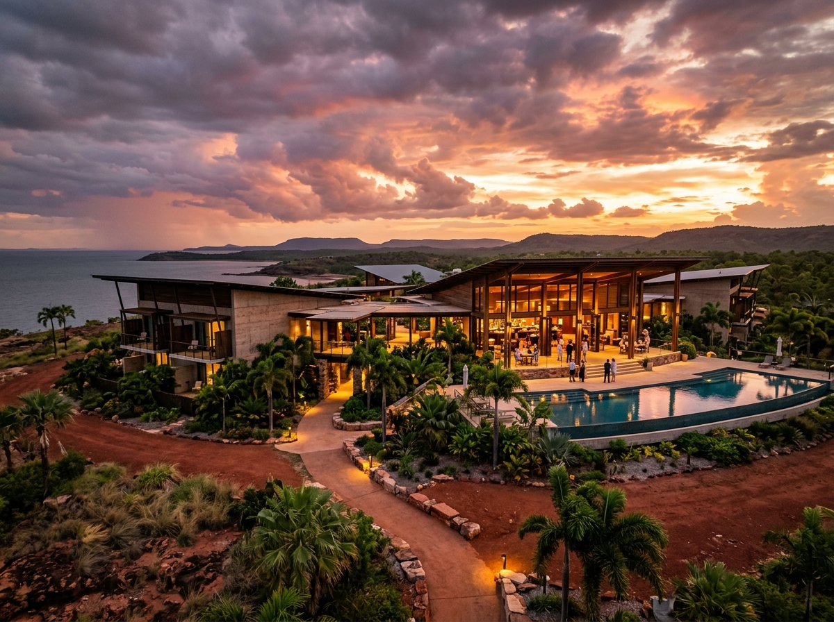 Tropical modernist lodge in Darwin at sunset