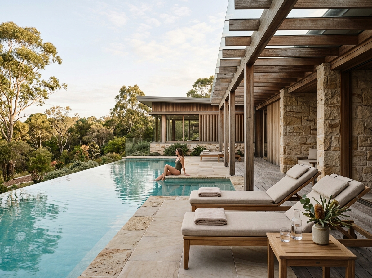 Natural hotel wellness space with pool and eucalyptus timber