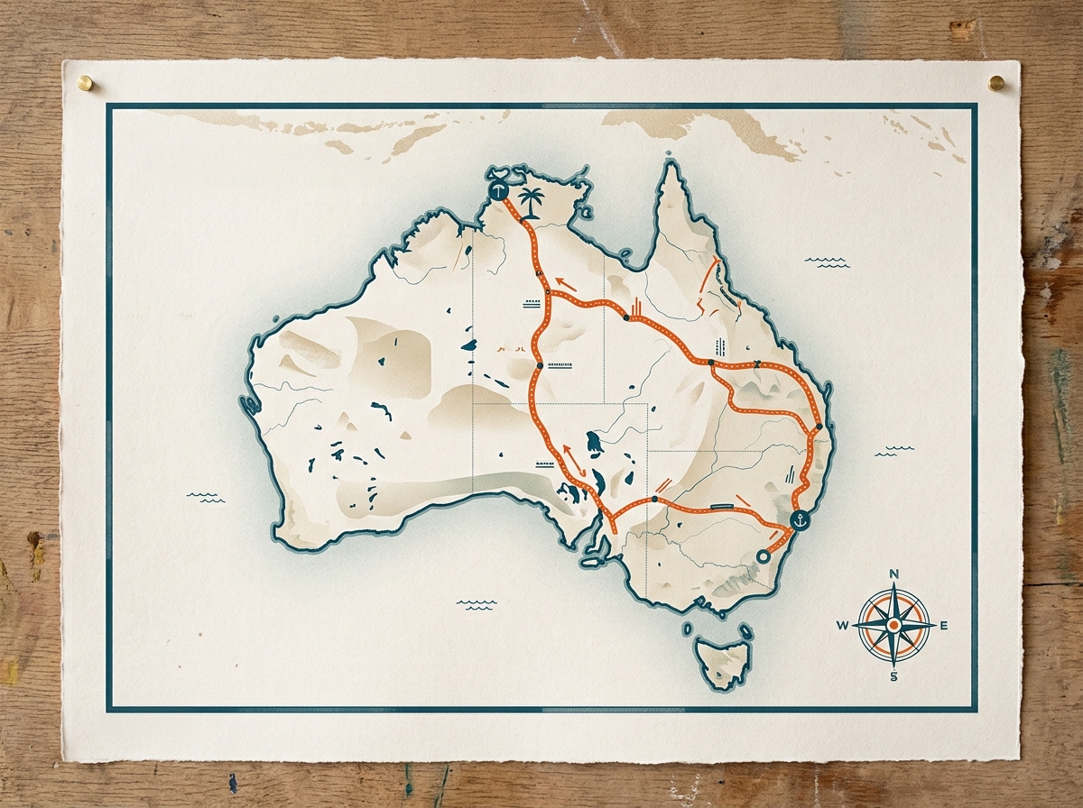 Printed editorial map of Australia with a three-stop route